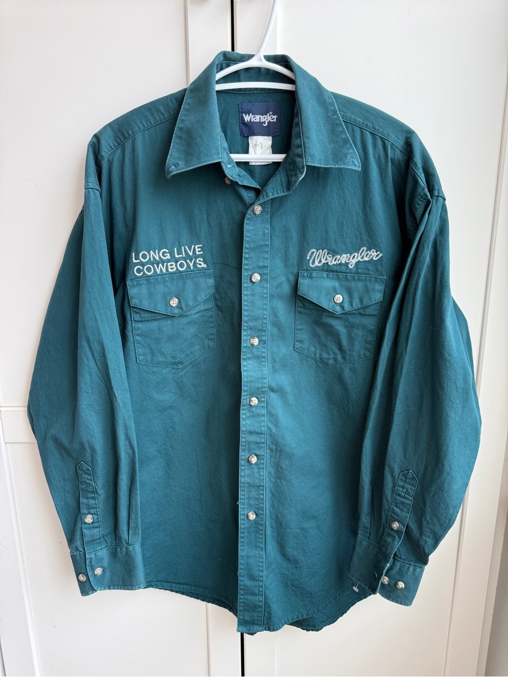 Wrangler Long Live Cowboys Teal Western Shirt Men’s M Embroidered